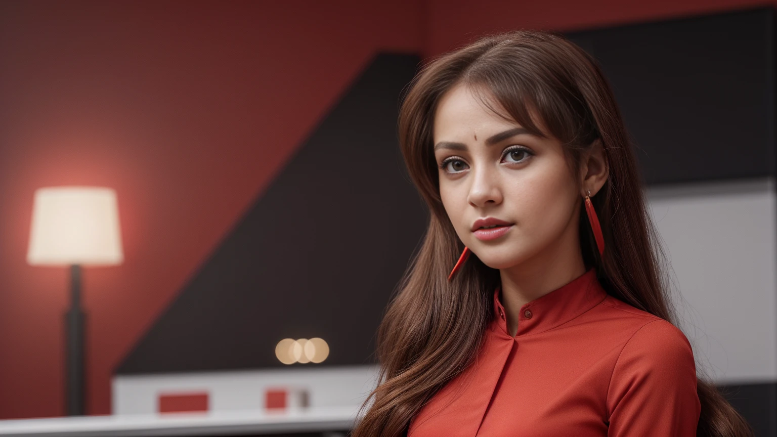 a focused customer service representative, sharp eyes, 8k, masterpiece, RAW photo, best quality, photorealistic, extremely detailed CG unity 8k wallpaper, Depth of field, Cinematic Light, Lens Flare, Ray tracing, (extremely beautiful face, beautiful lips, beautiful eyes), intricate detail face, ((ultra detailed skin)), ((1girl:1.9)), ((alone:1.9)), ((19years old)), (beautiful and aesthetic:1.2), deep shadow, (sharp focus), [(((Raiana-Elizabeth-Dilla:1.9)))], pretty girl, (stylish ((red:1.5)) clothes), (modern office background:1.9), (shiny skin), clear eyes, (pale skin), (((face-view:1.9))), (((extreme-close-up:1.9, cinematic shot))),  soft lighting, (flowing dark-black hair), (((looking at viewer:1.9))), highly detailed, ultra realistic, extremely detailed and realistic ((red:1.5)) clothes.