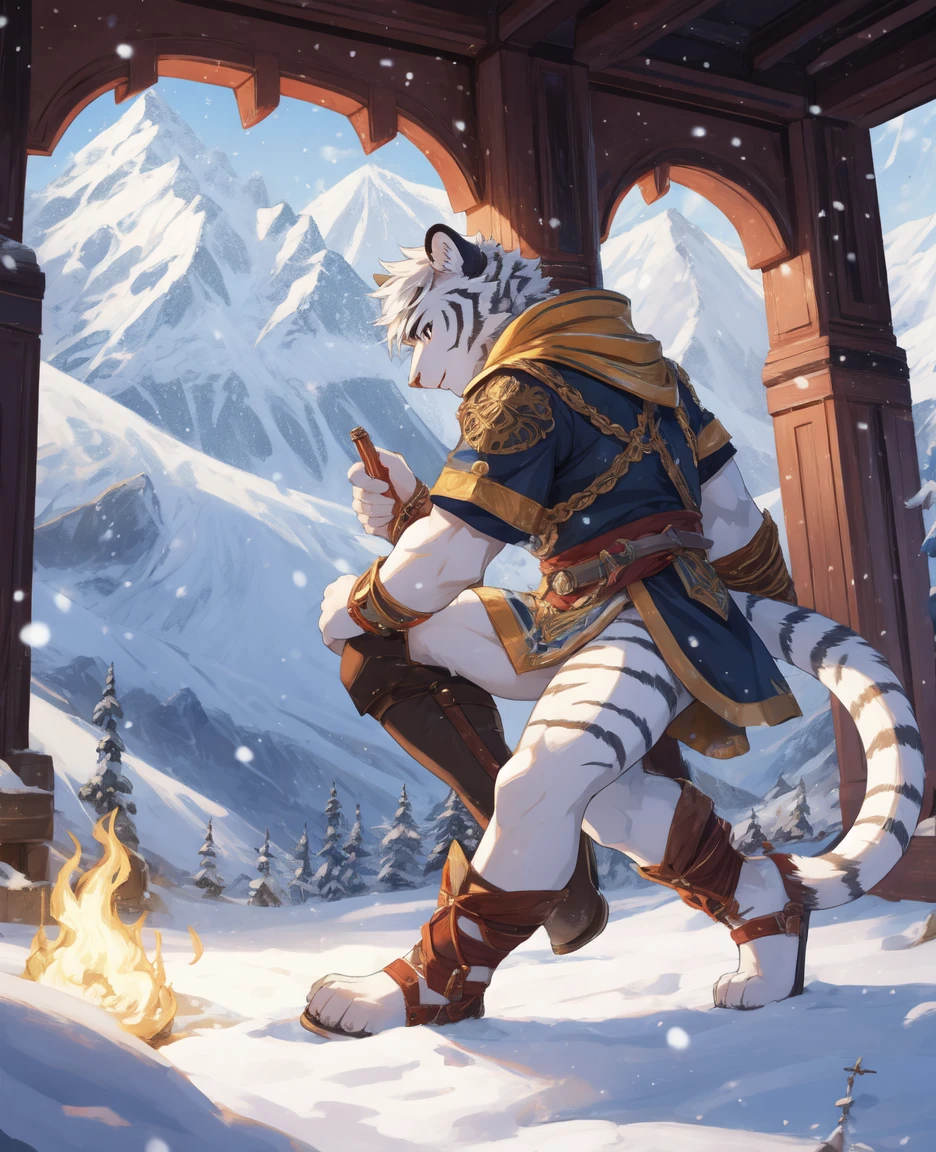 Alone，White body，White ears，White hair，White Tiger，With flawless snow-white fur，The limbs are slender and powerful，The tail is decorated with golden flame patterns，young，Ultra-clear screen，Soft lines， Perfect lighting, Light Particles,(best quality),(masterpiece),(Extremely detailed),Clear focus,Light Particles, Detailed snowy mountain background