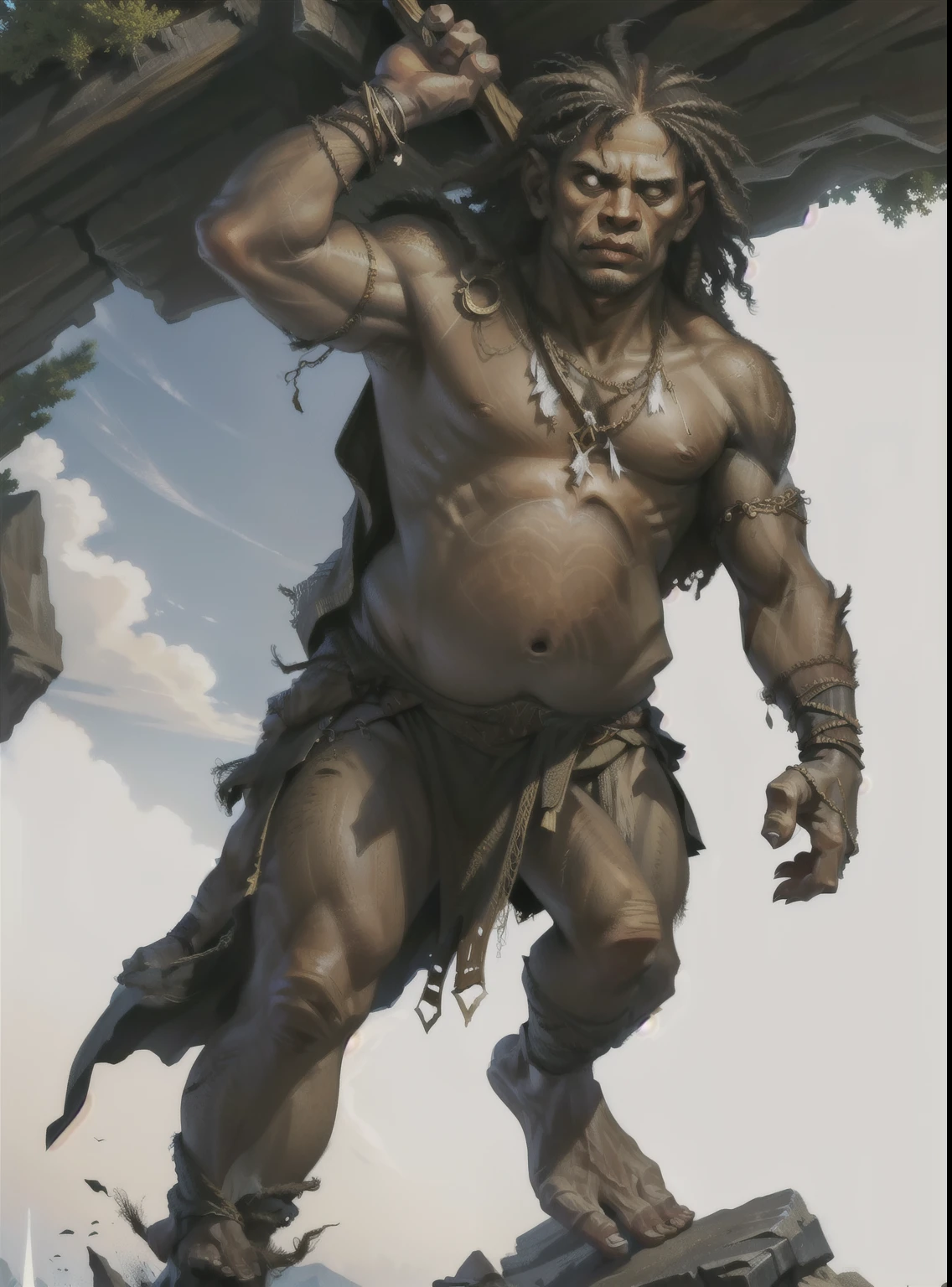I want a Neanderthal character, with a meakà on his head and a piece of wood in his hand, stooped or hunchbacked, dark skin mulatto half Indian, coming out of a cave, showing the whole body, but curved