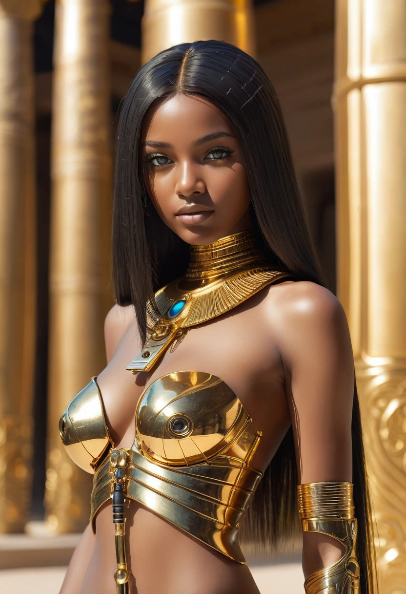 close-up,without clothes cute sexual black  girl looking at me, flirt, cyberpank gold parts body,cybernetic parts of body, straight hair, against the backdrop gold Egyptian columns, ultra high quality detailing