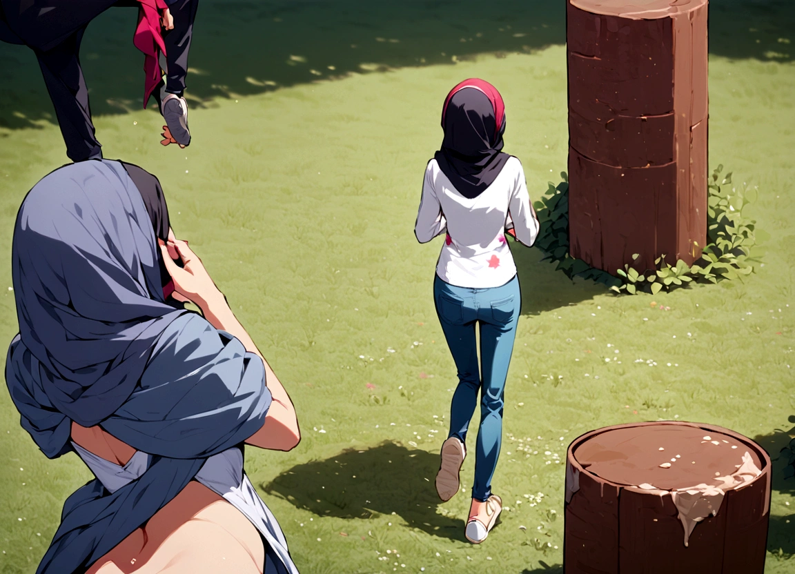Girl wearing Hijab & shirt, her black low rise jeans slipping down, her hands on her head, focus on her belly, close view