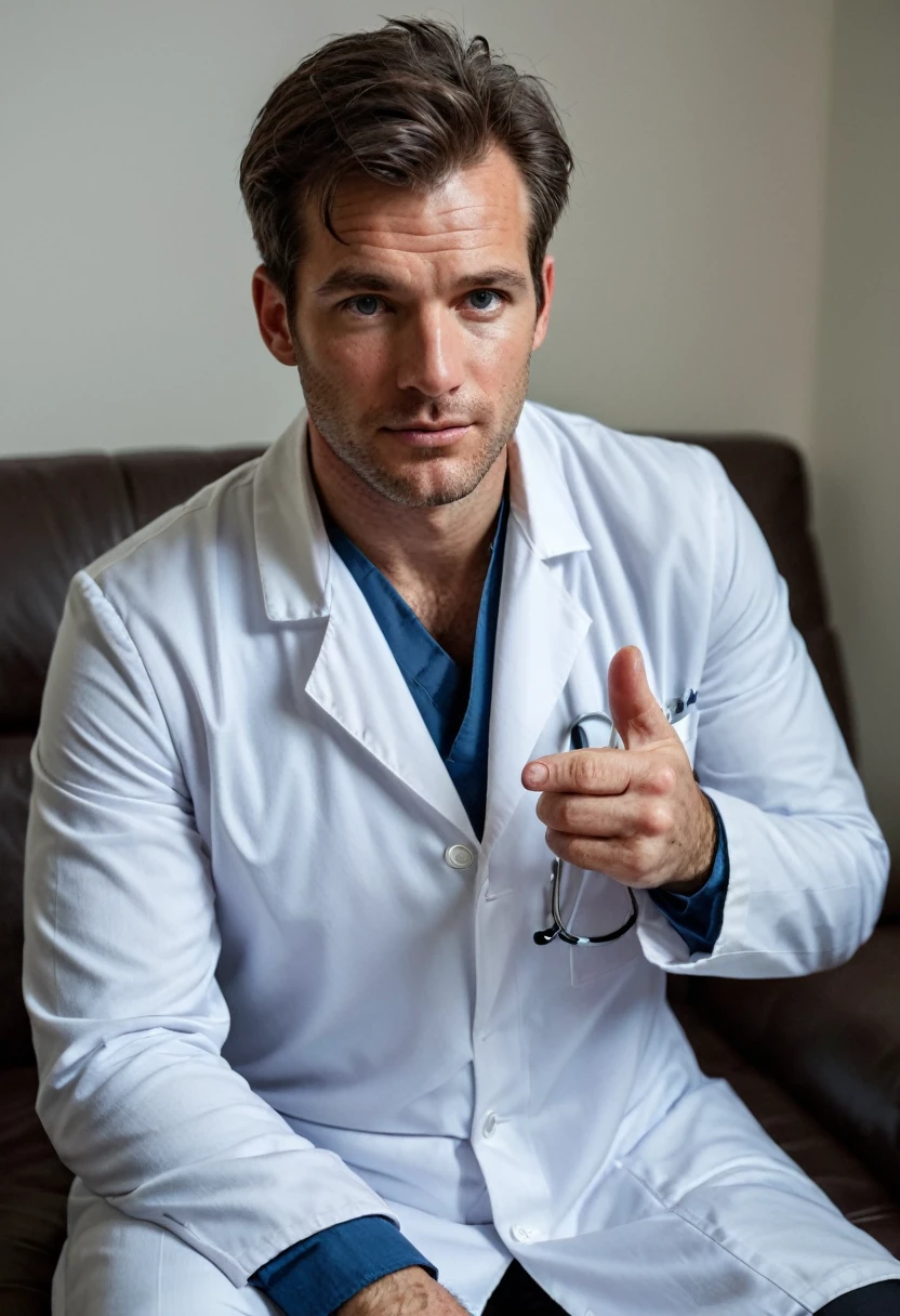 RAW photo, full body, A 35-year-old man, ((dressed as a doctor)), is sitting on a guest sofa, looking towards the audience, full sharp, detailed face, blue eyes, (high detailed skin:1.2), 8k uhd, dslr, soft lighting, high quality, film grain, Fujifilm XT3 dappled light on face, pale skin, skin pores, oiled shiny skin, skin blemish, imperfect skin, intricate skin details, visible skin detail, detailed skin texture, blush, wrinkles, vitiligo spots, moles, whiteheads, blackhead, white pimples, red pimples, beauty spot, skin fuzz, [[[[[freckles]]]]] (perfect eyes), ((perfect hands with four fingers and one thumb each))