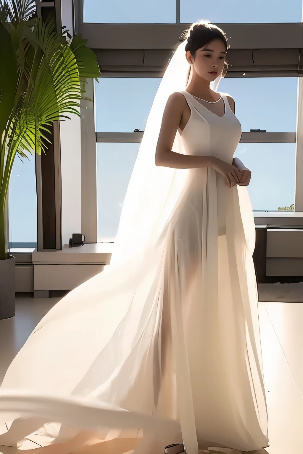 (masterpiece, best quality:1.2), 1girl, solo, delicate face, white-skinned female, see-through silhouette, white dress, full body,outdoor,standing,in classroom
