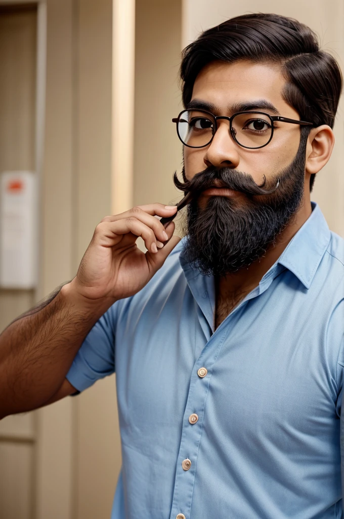 Anime character with brown skin, well maintained beard and well maintained short moustache, round face, raised nose, short messy standing hairs, wearing formals and having rectangular shaped spectacles
