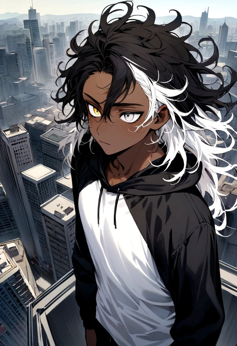 white shirt, wearing a black hoodie , yellow and black eyes heterochromia , Calm expression, Messy hair , Medium length hair , masculine , multicolored black and white hair , two tone hair , dark skin color, on top of a building overlooking the city, in some details there are black flames coming out of his body