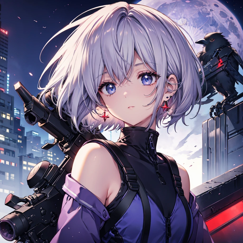 ((Gray Hair　Short Hair　blue eyes　sniper rifle)，((Crow　night　Red full moon))，(rooftop　Drop shoulder　Sailor suit　cyber punk　Shiny Earrings　Purple light)，　Sweat　A tense look　Also々funny Face　Headphones