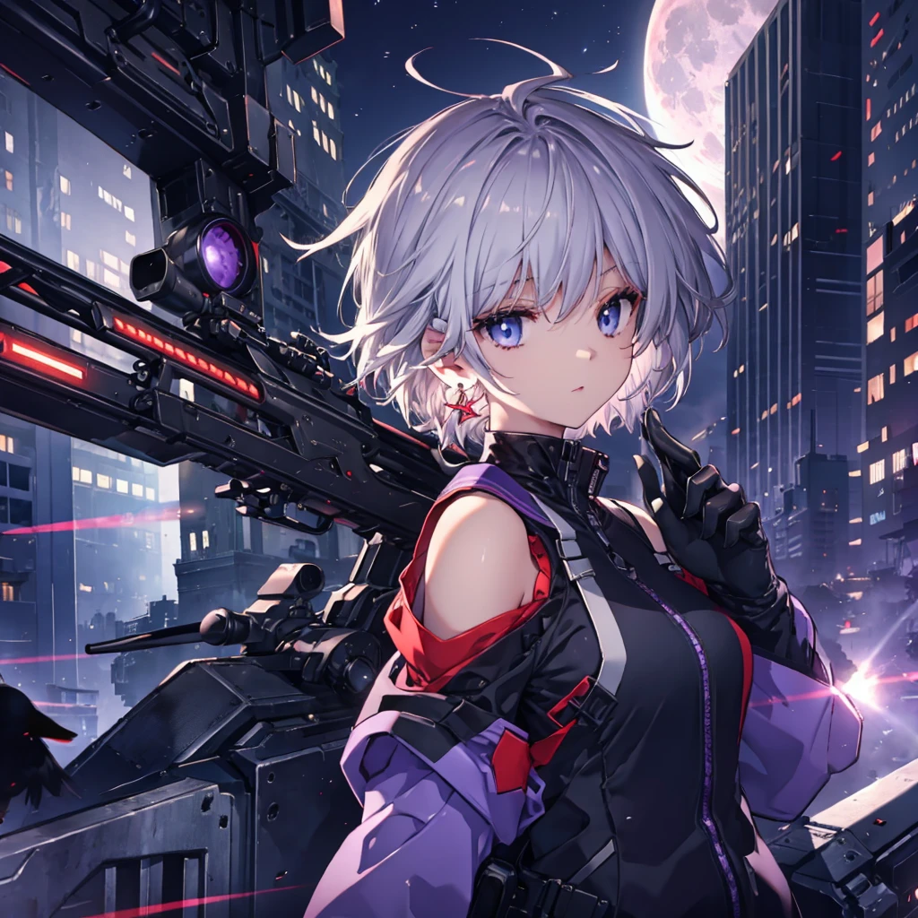 ((Gray Hair Short Hair blue eyes sniper rifle),((Crow night Red full moon)),(rooftop Drop shoulder Sailor suit cyber punk Shiny Earrings Purple light), Sweat A tense look Also々funny Face Headphones