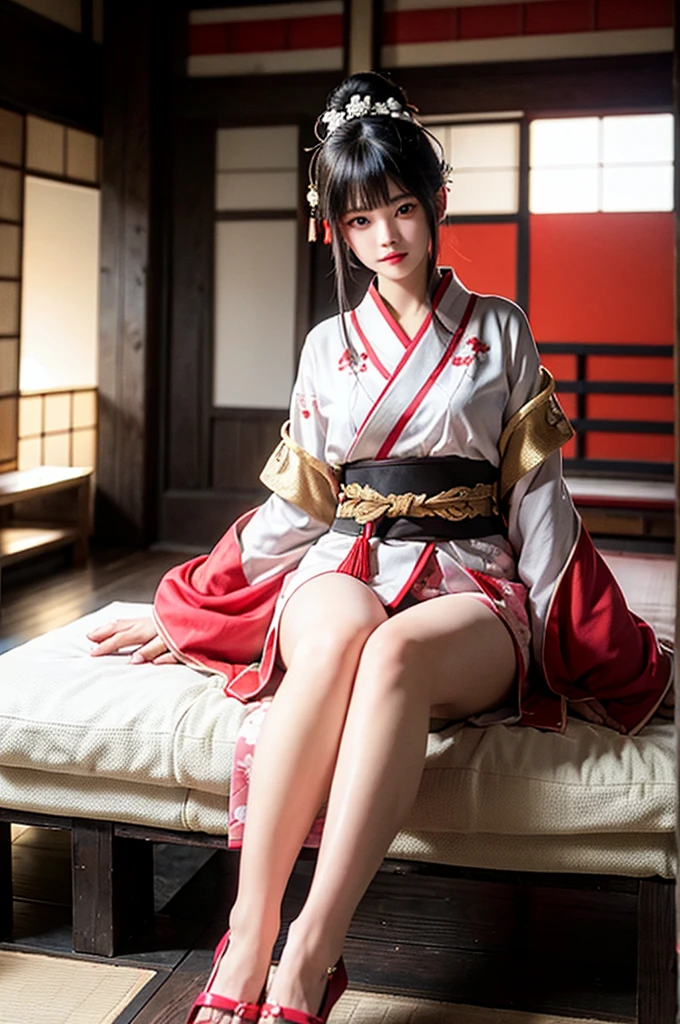 a female character with a Japanese-inspired aesthetic. She has long, dark hair tied in a traditional style, and her eyes are partially covered by bangs. She wears a detailed kimono with shades of white, pink, and red, adorned with intricate patterns and floral motifs. The kimono sleeves are long and flowing, and she has a red and white obi belt around her waist. Her outfit includes thigh-high stockings with red ribbon accents and traditional wooden sandals with red straps. The character carries a katana with a pink-glowing blade, sheathed on her left side. Her overall appearance exudes elegance and strength, blending traditional Japanese elements with a fantasy twist. High resolution 8k quality.
