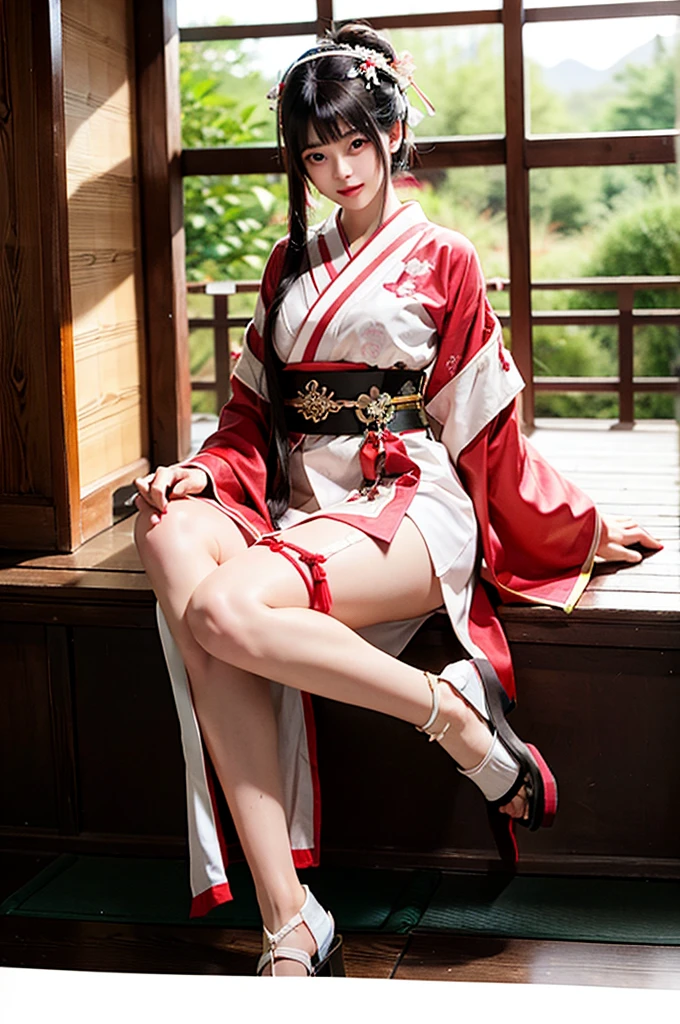 a female character with a Japanese-inspired aesthetic. She has long, dark hair tied in a traditional style, and her eyes are partially covered by bangs. She wears a detailed kimono with shades of white, pink, and red, adorned with intricate patterns and floral motifs. The kimono sleeves are long and flowing, and she has a red and white obi belt around her waist. Her outfit includes thigh-high stockings with red ribbon accents and traditional wooden sandals with red straps. The character carries a katana with a pink-glowing blade, sheathed on her left side. Her overall appearance exudes elegance and strength, blending traditional Japanese elements with a fantasy twist. High resolution 8k quality.