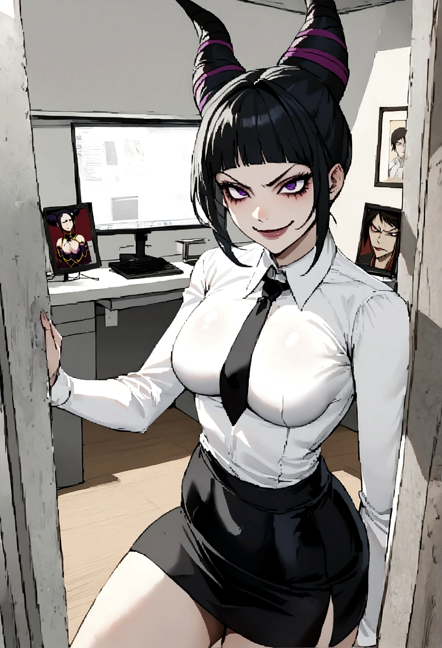 juri han, work of art, tight white secretary shirt with black tie, black high waist skirt, short skirt,stocking, black hair, black tights,evil smile,office,franja nos olhos,iluminação,chifre de cabelos,visão de cima,olhando para cima
