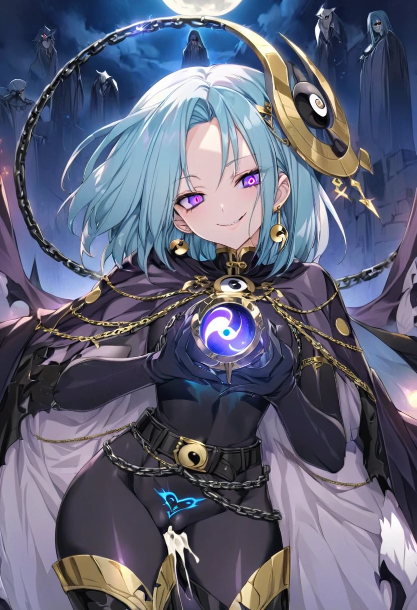 nsfw, penis, cum, satou kuuki, Embracing dark aura, pubic tattoo, glowing tattoo, 1girl, thigh high boots, medium hair, Feeling magical energy, octagonal yin yang mirror, cape, forehead accessory, runes, evil smile, stand-up collar, black body suit, at midnight, Holding a symbol of faith, purple eye, sky blue hair, gold decoration, evil eye decoration, moon, earring, chains, belt, yin yang, skirt, beautiful art, high res, perfect face, detailed outfit