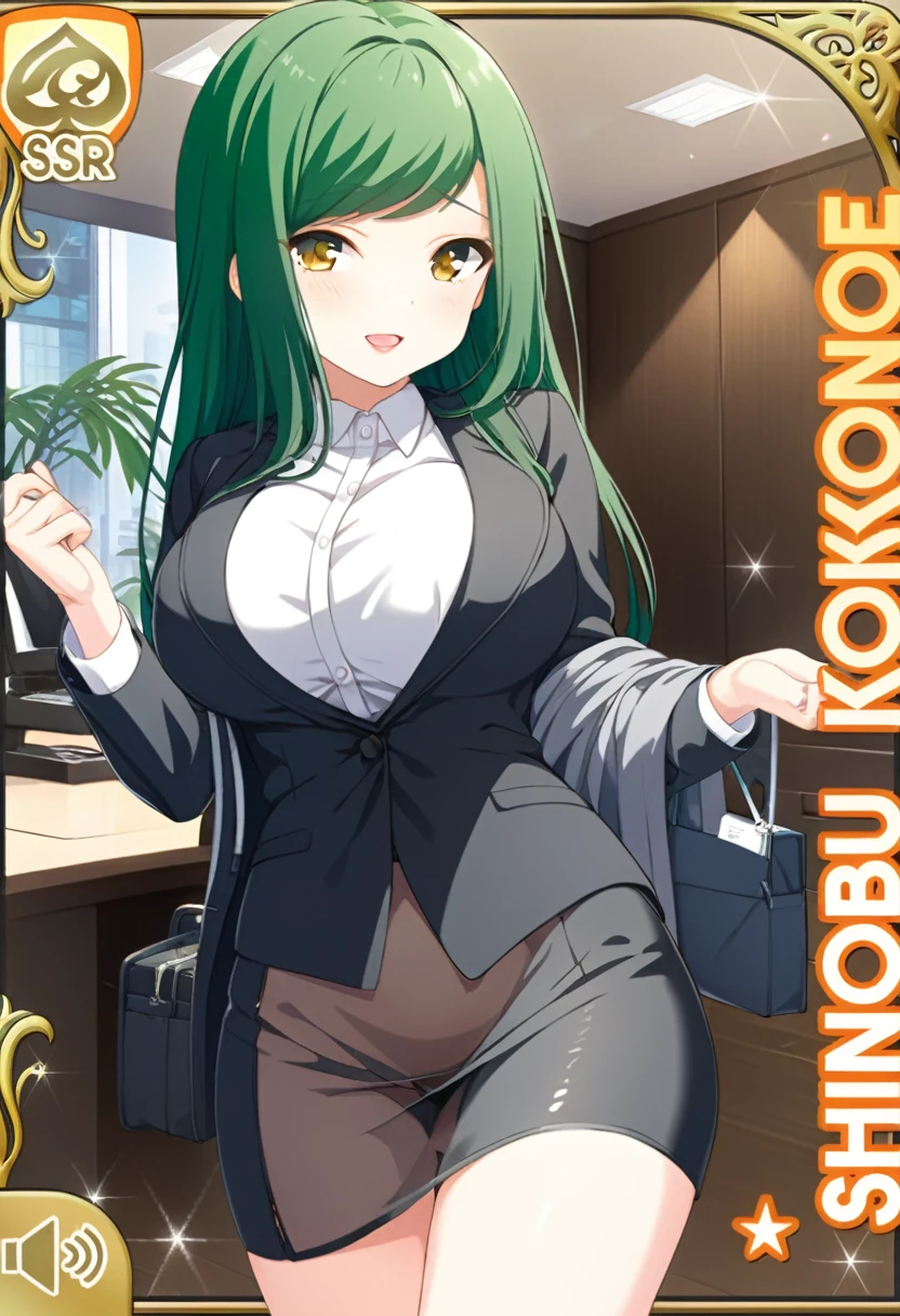 (masterpiece, best quality, very aesthetic, ultra detailed), intricate details, highly detailed background, perfect lightingbest quality, kokonoeshinobu, solo, indoors, office, office lady, green hair, swept bangs, long hair, yellow eyes, large breasts, See Through black jacket, open jacket, See Through blazer, See Through business suit, See Through white shirt ,See Through belt, See Through black skirt, See Through pencil skirt, See Through skirt suit, smile, open mouth, :d, pink lips, solo, nsfw ,nipple, See Through, nsfw
