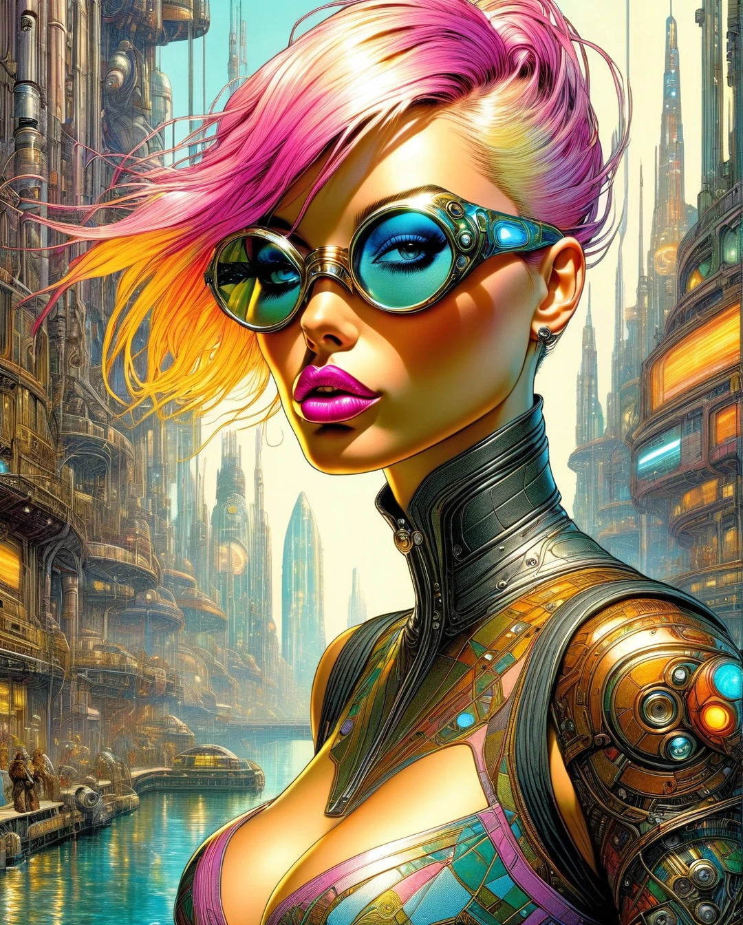 Masterpiece, photorealistic, highly detailed, High resolution, full detailed, better image quality, , comic book illustration of a portrait of a woman dressed with Futuristic clothes, wearing sun glasses, (((only one woman))), slightly open lips, short blonde with pink highlights hair, tattooed body, full color, vibrant colors, sexy body, detailed gorgeous face, sci-fi environment, tourism atmosphere, Sci-fi city in background, exquisite detail, 30-megapixel, 4k, Flat vector art, Vector illustration, Illustration,steampunk style,steampunk,itacstl,science fiction,,,, artwork inspired by Brian Froud and Carne Griffiths and Wadim Kashin, intricate details, oil