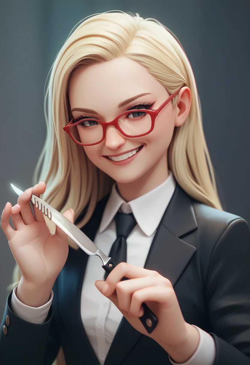 (a blonde woman with long hair smiling), (only the bust), (Black Suit), (Red glasses), (fork in one hand and knife in the other hand), (3d style image).