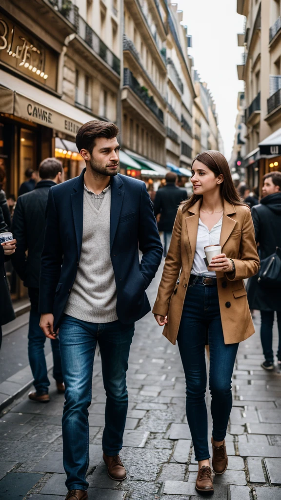 Generate an ultra realistic shot of one 25 years old french girl and one 30 years old german boy, both have drinking paper cup coffee in their hands and walking in crowded street in paris, professional photography, cinematic shot
