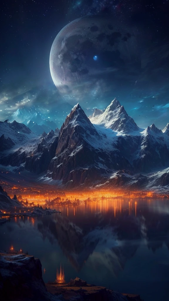 mountains and a lake with a moon in the sky, 4k highly detailed digital art, 4 k hd wallpaper very detailed, impressive fantasy landscape, sci-fi fantasy desktop wallpaper, unreal engine 4k wallpaper, 4k detailed digital art, sci-fi fantasy wallpaper, epic dreamlike fantasy landscape, 4k hd matte digital painting, 8k stunning artwork