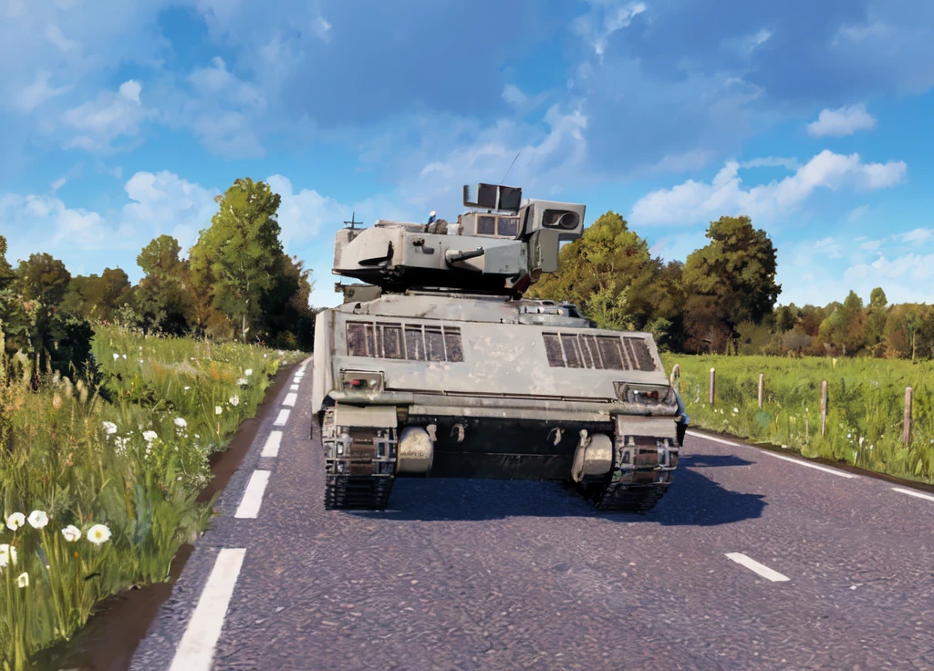 IFV Tank drive on the Street, Gras on side of the Streets, Forest in the Backround