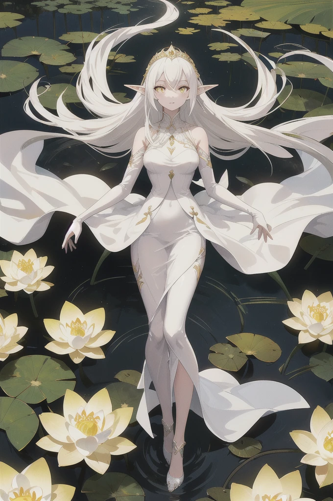 1woman, elf, white dress, princess, longest hairstyles, glowing yellow eyes, elegant, lotus field,