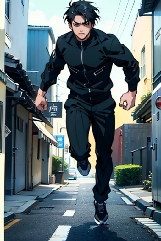 Guy with short black hair smoking and running in a panic, full body shots, manga page with panels and dialogue