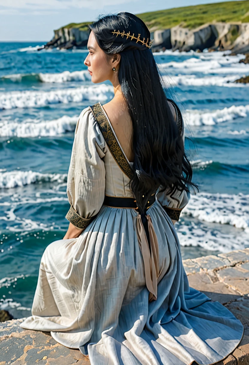 WOMAN WITH LONG BLACK HAIR SIT FROM BACK WITH A SIMPLE MEDIEVAL DRESS LOOK TO THE OCEAN 
