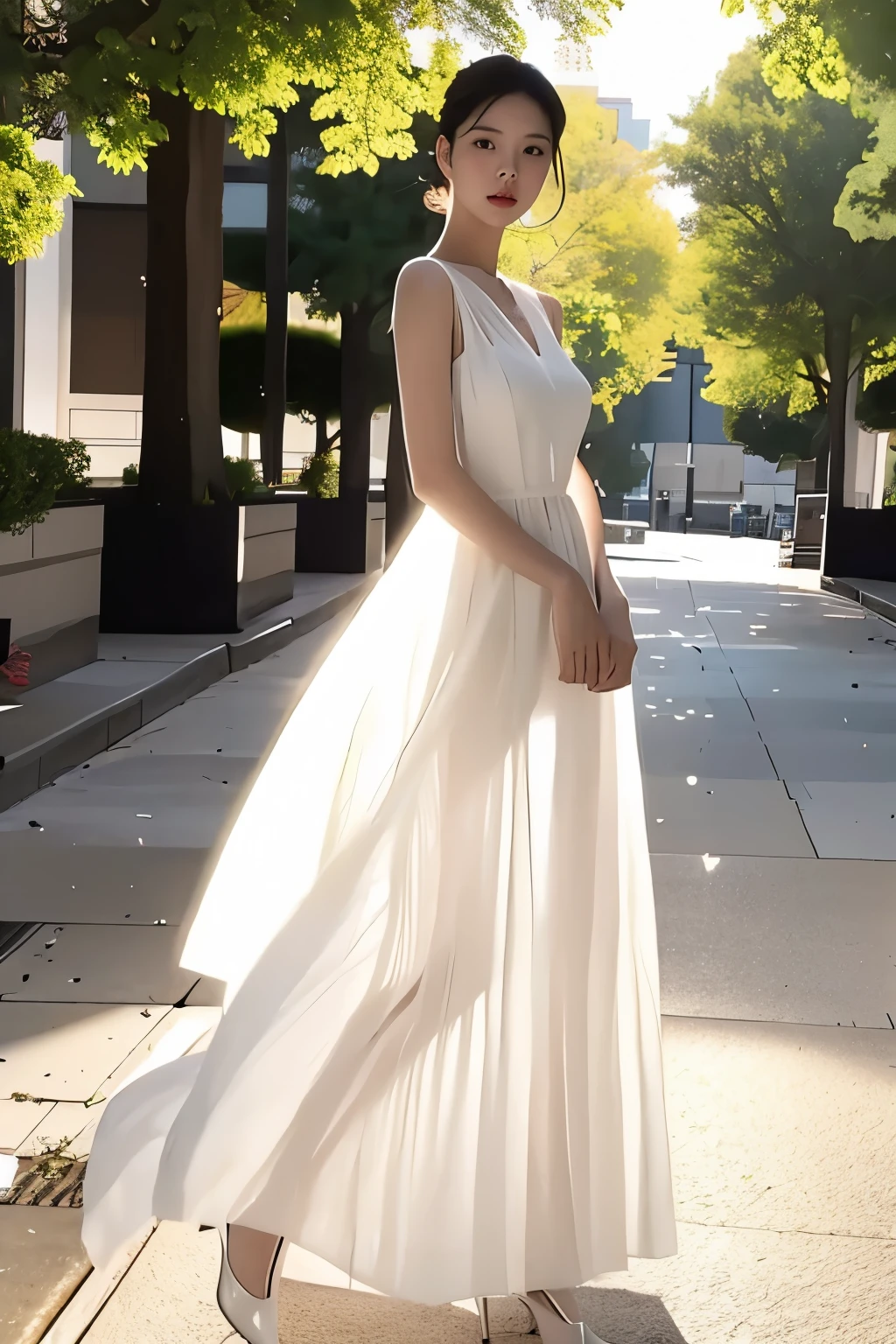  (masterpiece, best quality:1.2), 1girl, solo, delicate face, white-skinned female, see-through silhouette, white dress, full body,outdoor,leaning forward,in a plaza