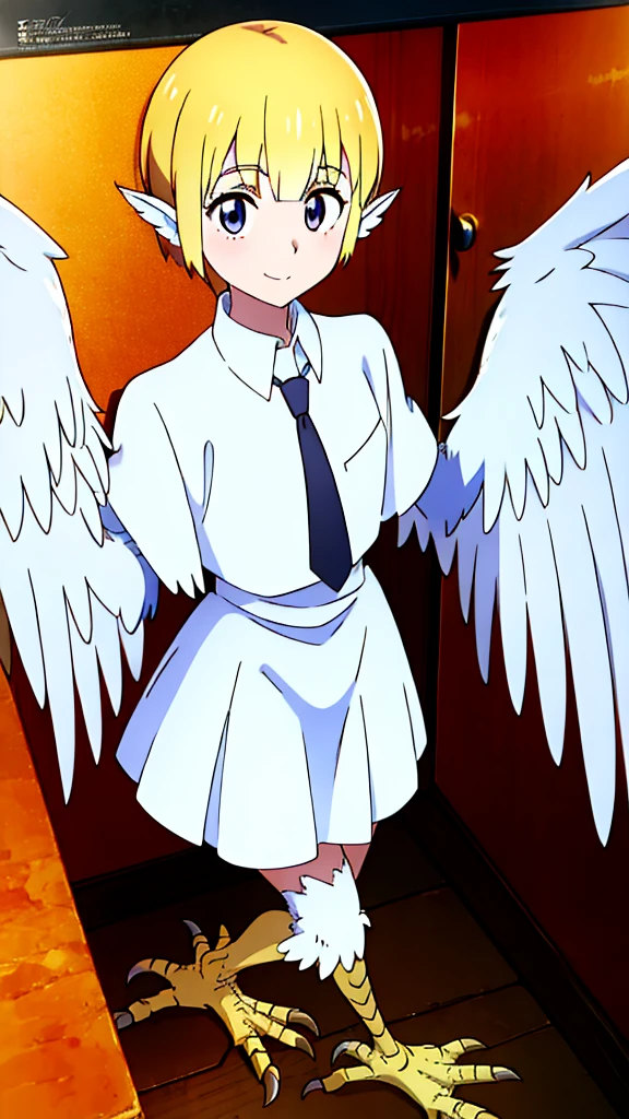 1girl,20s,happy,white shirt,black standard tie,short sleeves,white school skirt,short hair,blonde hair,pointy ears,((harpy,harpy wings)),