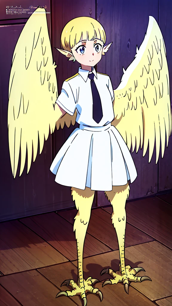 1girl,20s,happy,white shirt,black standard tie,short sleeves,white school skirt,short hair,blonde hair,pointy ears,((harpy,harpy wings)),