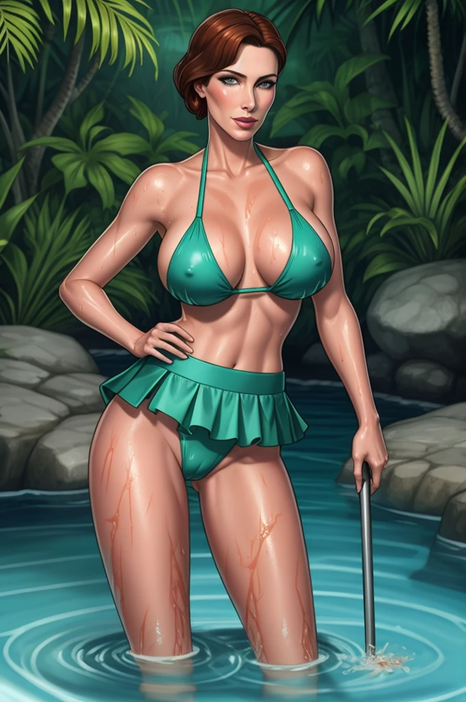 Cate Archer, wet and wild, microskirt, jungle pool, swimsuit