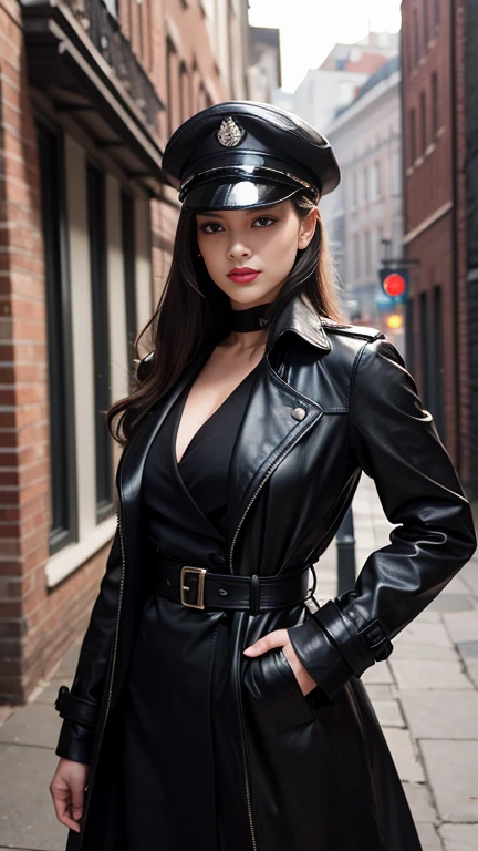 A model dressed in a military-inspired black leather trench coat, complete with a matching peaked cap and gloves, set against a backdrop of ancient brick buildings in an urban environment. She strikes a confident, authoritative pose with one hand on her hip and legs parted, reinforcing the outfit's assertive style. Her makeup is bold with prominent red lipstick and defined eye makeup, enhancing the dramatic impact, dim light and bokeh effect background