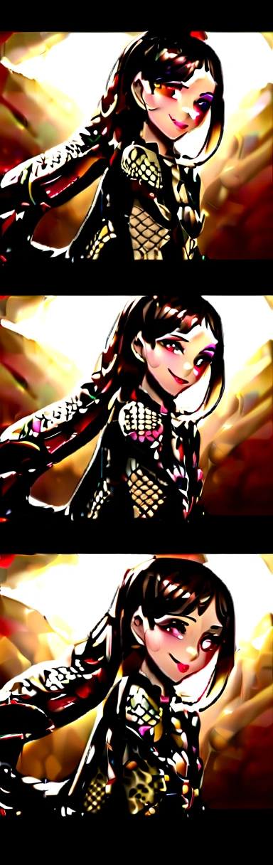 realisticlying、18 year old girl、Makeup for snakes on the face、Face Real、Large-scale depiction of human figures、portrait closeup、、ock emphasis(Wearing a full-body snake print bodysuit、long wavy brown hair、The face smiled、Theater stage、Sexysing