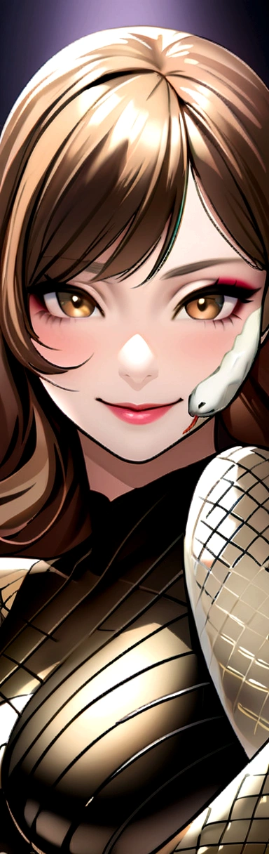 realisticlying、18 year old girl、Makeup for snakes on the face、Face Real、Large-scale depiction of human figures、portrait closeup、、Buttock emphasis(Wearing a full-body snake print bodysuit、long wavy brown hair、The face smiled、Theater stage、 Posing