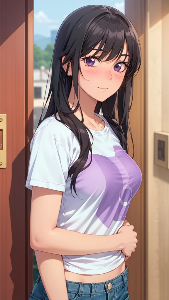 ((masterpiece, highest quality, High resolution, UHD, perfect pixel, Depth of bounds written, 4K, rtx, HDR))), 1 girl, single, alone, beautiful anime girl, beautiful art style, anime character, ((long hair, blunt bangs, black hair)), ((purple eyes:1.4, round eyes, realistic eyes)), ((eyelash, ultra-detailed eyelash, smooth eyelash)), ((detailed face, blush:1.2)), ((smooth texture:0.75, realistic texture:0.65, realistic:1.1, Anime CG style)), medium breasts, dynamic angle, perfect body, ((stand, One hand on your waist )), ((T shirt, Long Levis pants)), smile, open your mouth, Room, (()), Natural light, bright sky, sunlight