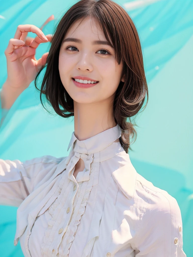 masterpiece, best quality, photorealistic, raw photo, 1girl, medium breast, collared blouse, light smile, detailed skin, pore, simple background