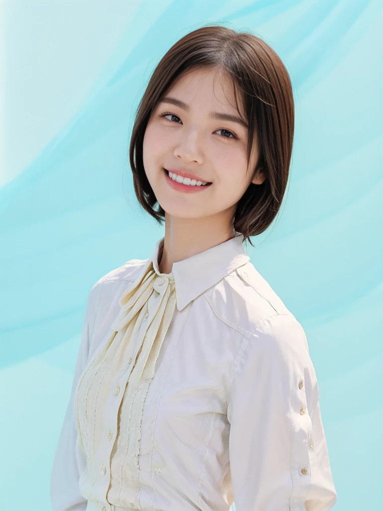 masterpiece, best quality, photorealistic, raw photo, 1girl, medium breast, collared blouse, light smile, detailed skin, pore, simple background