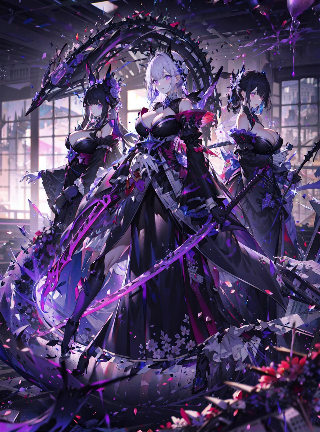 ((masterpiece:1.4,best quality)),(Super detailed),(Extremely detailed eyes),(Shiny socks:1.5),Hello Darkness
(Cute girls),,(Blood-red pupils,Diamond-shaped pupil:1.15),Purple Eyeshadow,(elongated hair,Thick hair,Single ponytail,shiny hair:1.5)(Changes through:1.2),despair,sad,Empty eyes,tears streaming down my face,tilting its head to the side,
(She wore a blue dress,:1.5),(Black gloves:1.4)Very long plush sleeves,White,White Cloud,Dream bubbles ,Ice and glitter effects
(Black long skirt:1.1),
((Starry Sky:1.2)),
(Intense black and white:1.16),(Depth of Field:1.4),,Intricate details,(((Detailed background,Castle in the Sky,Purple flowers by the lake))),(((Huge breasts,Bare breasts,Deep cleavage,White stiletto high heels,Transparent clothes)))