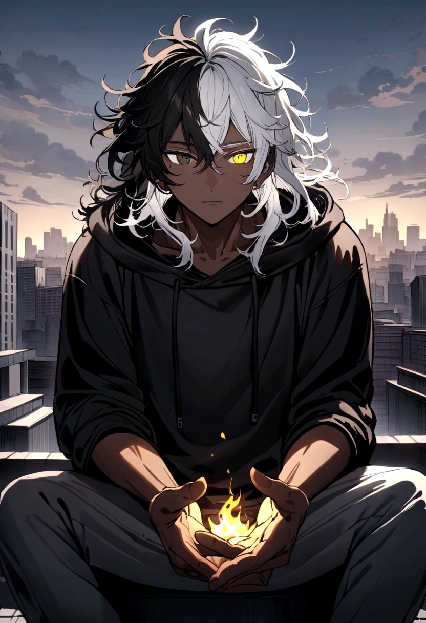 white  shirt, wearing a black hoodie , yellow and black eyes heterochromia , Calm expression, Messy hair , Medium length hair , masculine , multicolored black and white hair , two tone hair , dark skin color, on top of a building overlooking the city, in some details there are black flames coming out of their hands