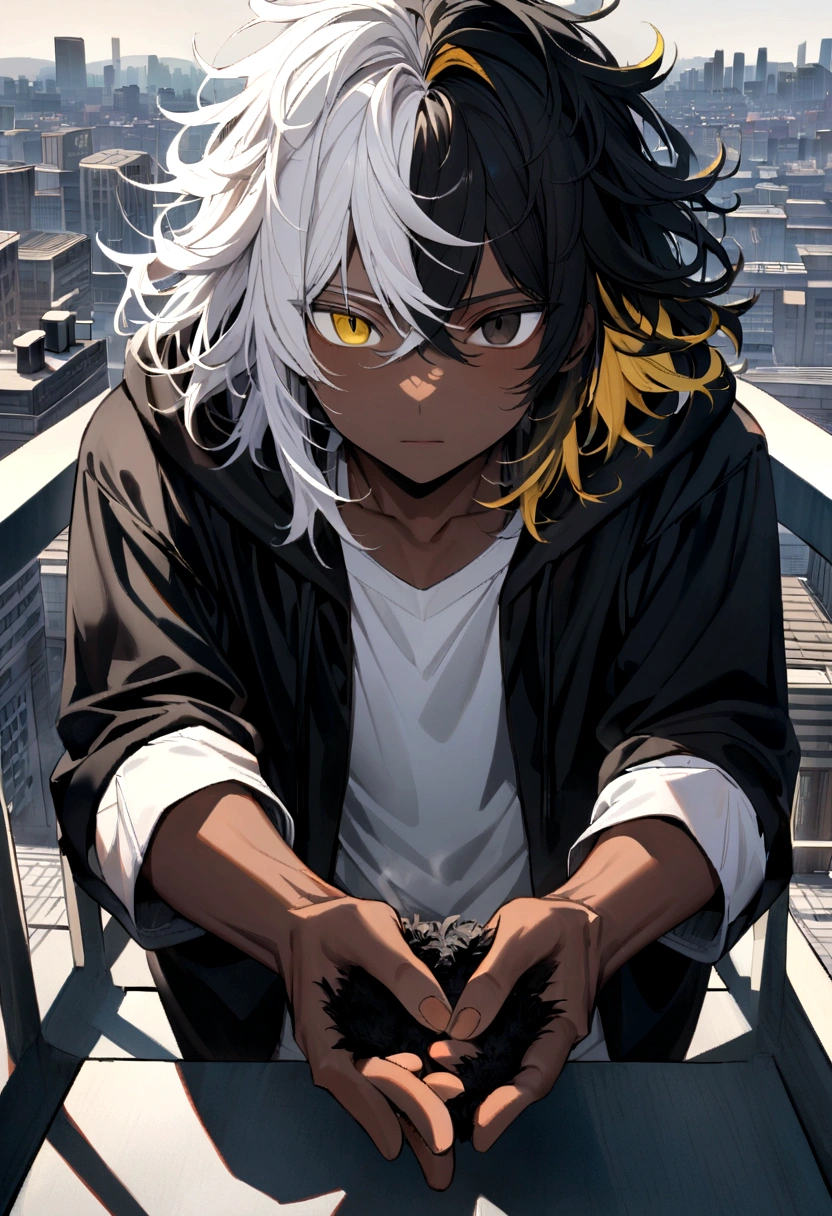 white  shirt, wearing a black hoodie , yellow and black eyes heterochromia , Calm expression, Messy hair , Medium length hair , masculine , multicolored black and white hair , two tone hair , dark skin color, on top of a building overlooking the city, in some details there are black flames coming out of their hands