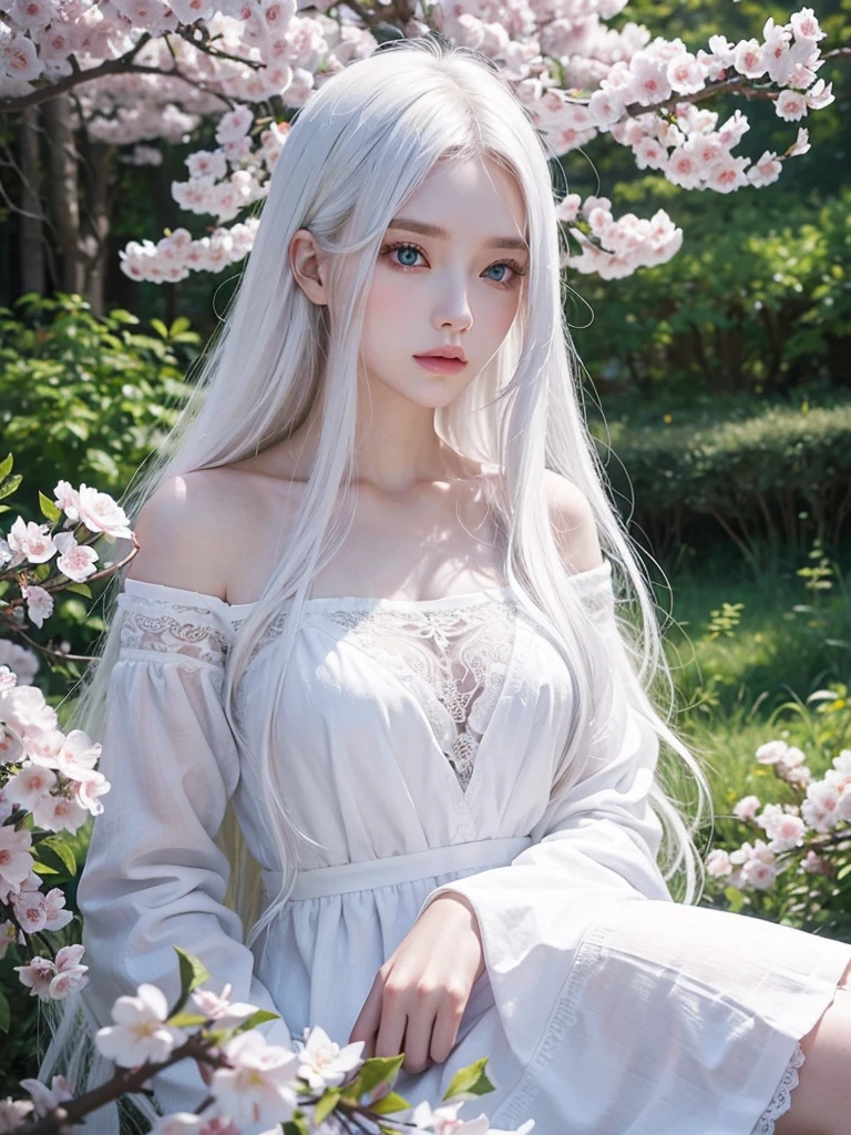 Long white hair, blue eyes, serious features, white skin, loose style, in a garden, with flowers , in the forest ,in the Sakura Korea