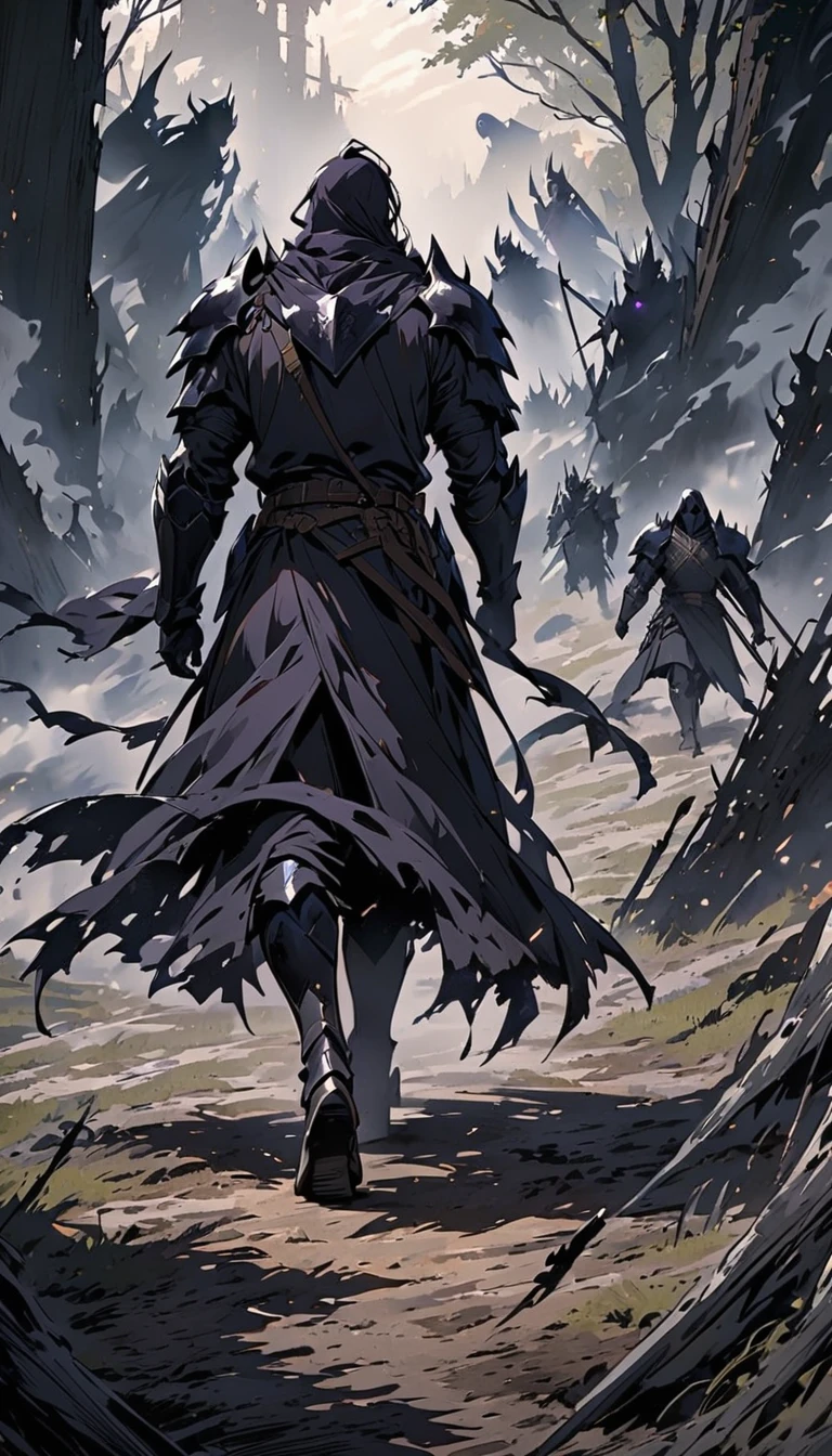 male black shadow ghost knight walking away from a battlefield, shadow, black, knight, ghost knight, full body view, facing front, shadow knight, purple eyes, black smoke, dark