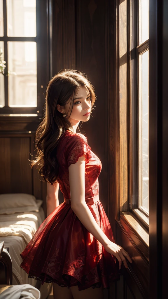 8K, UHD, MAsterpiece, best quality, 1 girl, (realistic face), happy pace, very long hair, small breasts, decorated dress, very beautiful ornaments dress, red color, lace, mesh dress, sardine, loops, in the balcony, ipllers, depth of field, cinematic lighting, chromatic aberration, motion blur, glowing light, god rays, ray tracing, reflection light, backlighting, knee short,