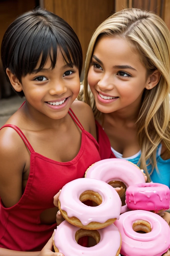 I need you to make me a visual of a boy sharing some bimbo donuts with the girl he likes. That conveys joy