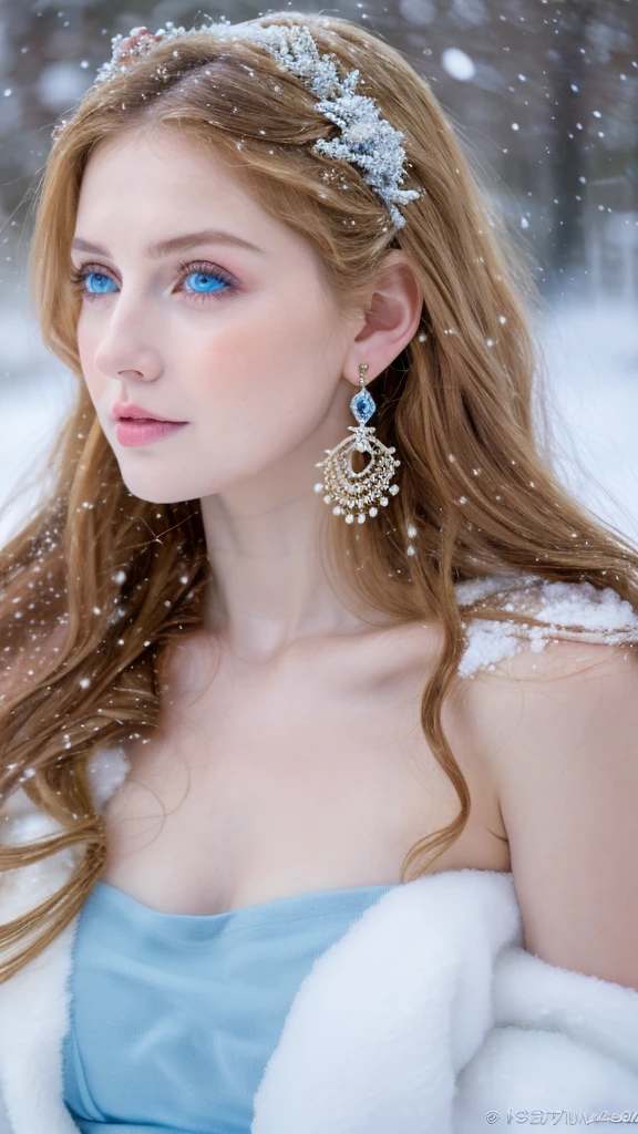 Beautiful girl, blue eyes, long curly white hair witg, detailed facial traits, beautiful earrings, national white turkic female dress (Chuvash), naked breasts, yurta behind, it's snowing, sexy pose