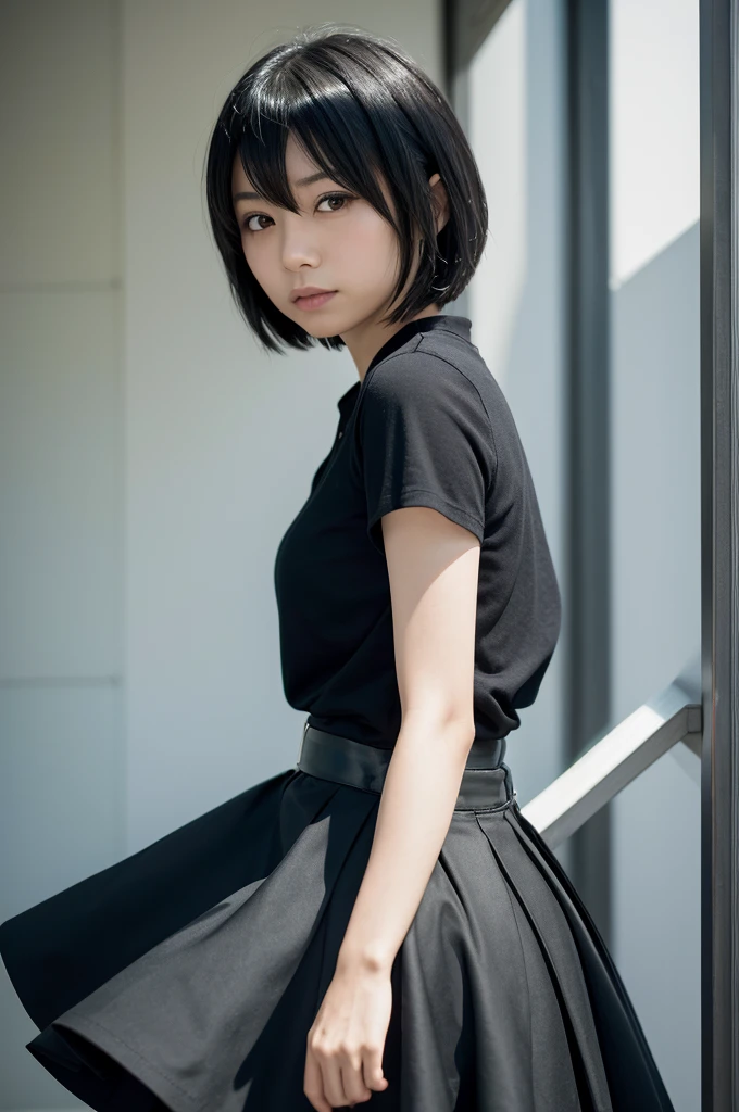 a close up of a woman with a black shirt and a black skirt, with short hair, Chiho, harumi, taken with canon eos 5 d, By Yasutomo Oka, Yoshitomo Nara, By Oka Yasutomo, the hime cut, with a bob cut, shikamimi, shiori teshirogi