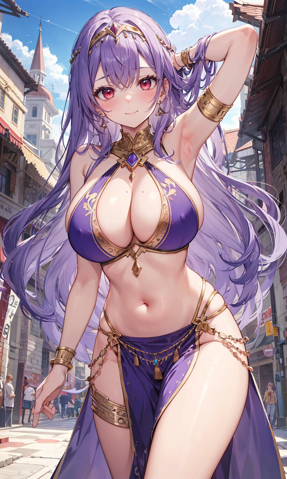 high quality, ultra detailed, best quality, insanely detailed, beautiful, masterpiece, 1girl, medieval plaza, cowboy shot, red eyes, long hair, purple hair, belly dancer, circlet, earrings, armlets, bracelets, bashful smile, large breasts, cleavage, soft stomach