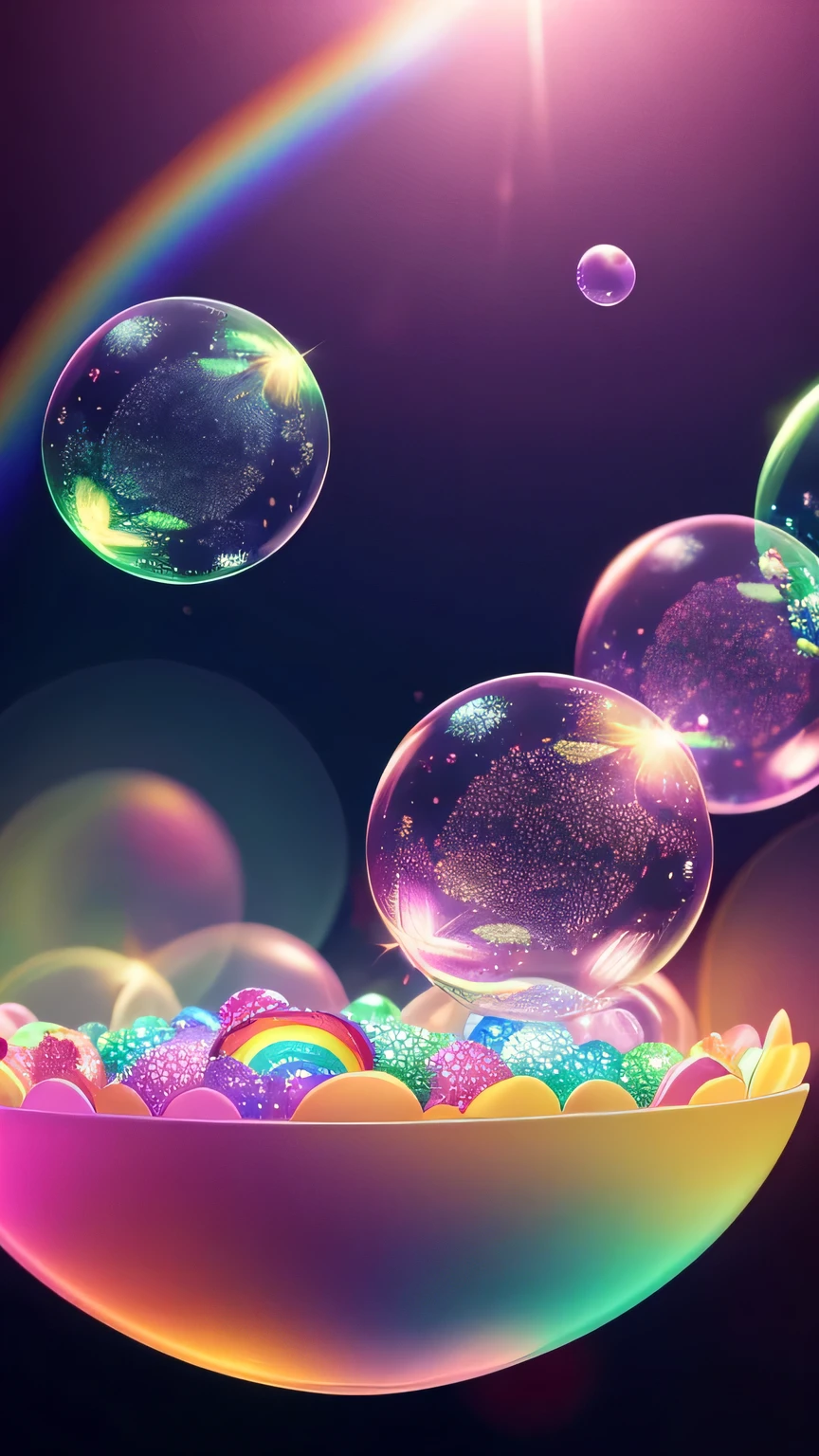 (Highest quality,High resolution:1.2),Super detailed,(Realistic:1.37),Sparkling,Soft and dreamy background with floating rainbow colored heart shaped soap bubbles,Some bubbles reflecting colorful light sources,Slightly out of focus bubbles,Magical sunlight streaming through bubbles,Create a captivating scene,Translucent, glowing bubbles float in the air,Delicately textured sparkling bubbles,fantastic and enchanting,A magical garden full of floating bubbles,Exquisite detail capturing the beauty of each bubble's surface,Bright and vibrant colors,Subtle shadows add depth to your composition,Playful and whimsical,Fascinating bubble pattern complements blurry background.