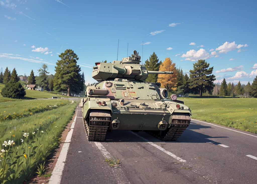 IFV Tank drive on the Street, Gras on side of the Streets, Forest in the Backround