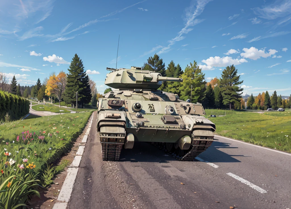 IFV Tank drive on the Street, Gras on side of the Streets, Forest in the Backround
