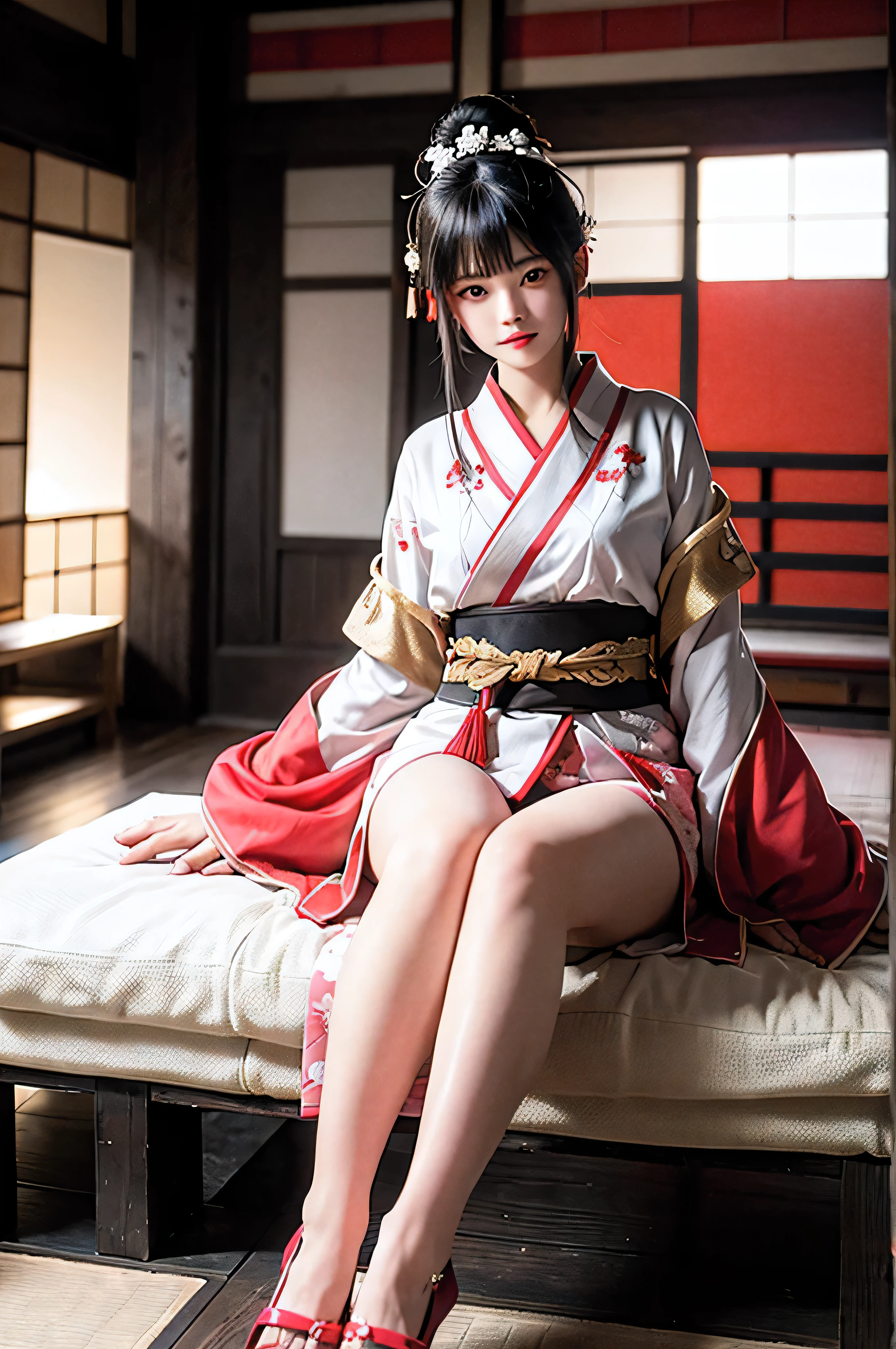 a female character with a Japanese-inspired aesthetic. She has long, dark hair tied in a traditional style, and her eyes are partially covered by bangs. She wears a detailed kimono with shades of white, pink, and red, adorned with intricate patterns and floral motifs. The kimono sleeves are long and flowing, and she has a red and white obi belt around her waist. Her outfit includes thigh-high stockings with red ribbon accents and traditional wooden sandals with red straps. The character carries a katana with a pink-glowing blade, sheathed on her left side. Her overall appearance exudes elegance and strength, blending traditional Japanese elements with a fantasy twist. High resolution 8k quality.
