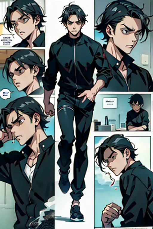  Guy with short black hair smoking and running in a panic and crying, full body shots, manga page with panels and dialogue    