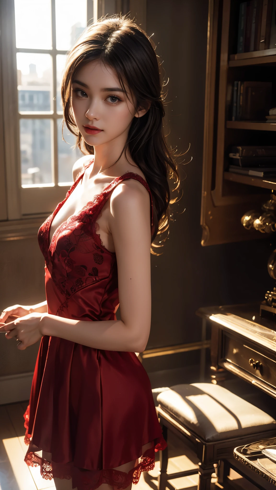 8K, UHD, MAsterpiece, best quality, 1 girl, (realistic face), happy pace, very long hair, small breasts, decorated dress, very beautiful ornaments dress, red color, lace, mesh dress, sardine, loops, in the balcony, ipllers, depth of field, cinematic lighting, chromatic aberration, motion blur, glowing light, god rays, ray tracing, reflection light, backlighting, knee short,